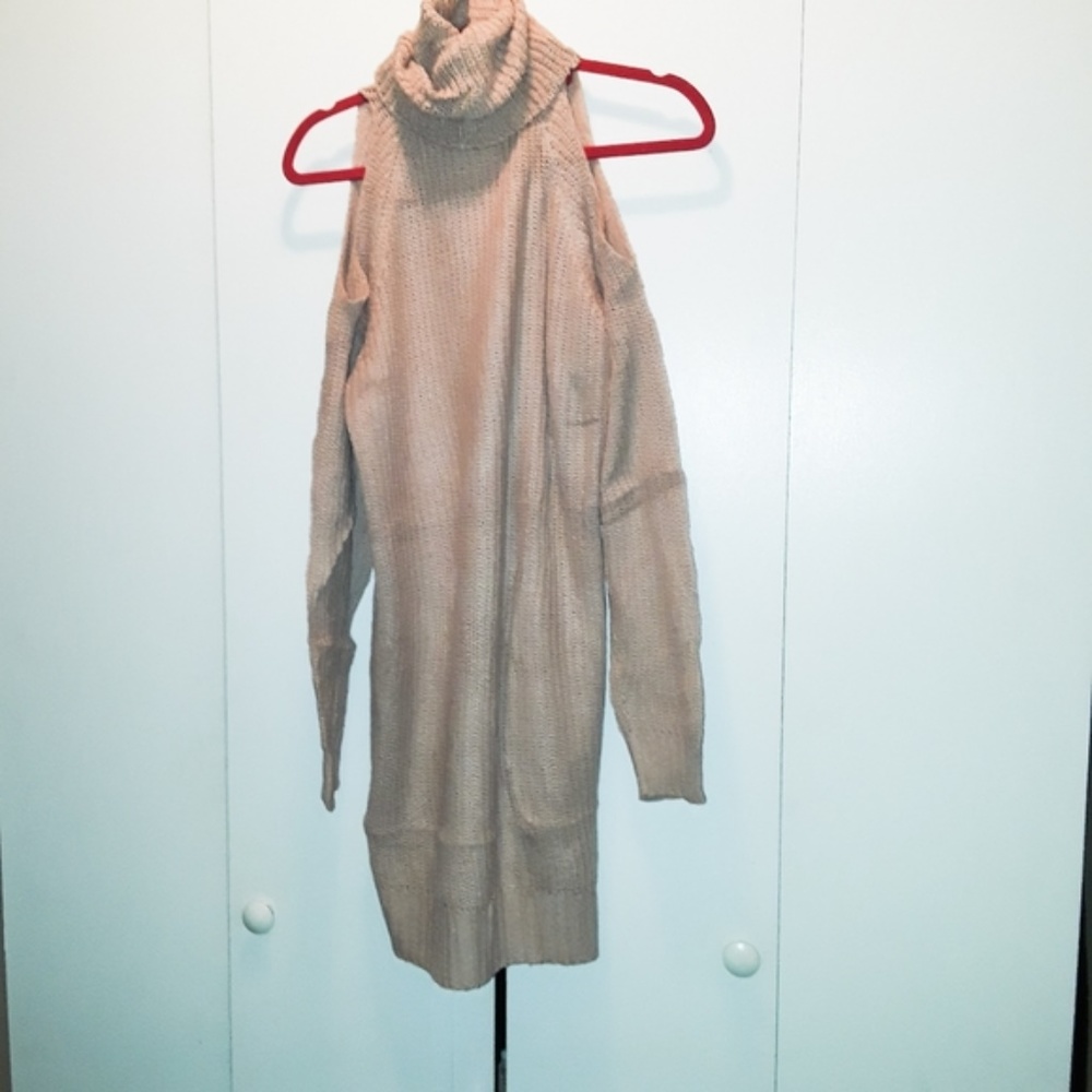 Cold Shoulder Turtle Neck Khaki Knit Sweater OS - Picture 4 of 5